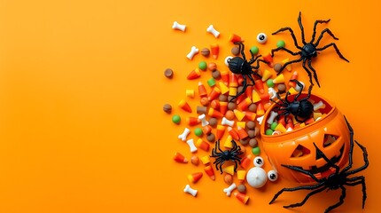 Halloween Candy Spill with Jack-O’-Lantern Buckets, Bones, Sweets, and Spooky Decorations on Orange Background