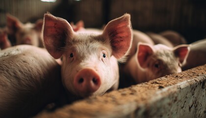 Pigs Lounging In A Pen, With One Pig Making Eye Contact With The Camera In A Charming And Captivating Way.