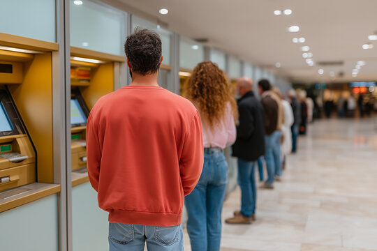 Modern commercial bank lobby interior with glass service counters and waiting area for financial customers and clients