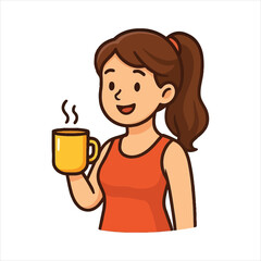 Smiling Woman Holding Steaming Coffee Cup Enjoying Morning Beverage.