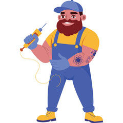 Smiling Bearded Man in Blue Overalls and Yellow Shirt Holding a Tool with a Wire and Transparent Background