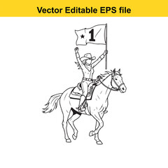 Cowgirl on horseback holding a flag with number 1, celebrating victory, isolated on