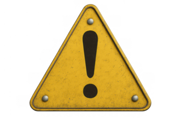Yellow warning sign presenting an exclamation mark indicating danger, caution, alert, or hazard on transparent background