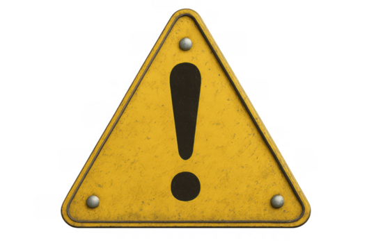 Yellow warning sign presenting an exclamation mark indicating danger, caution, alert, or hazard on transparent background