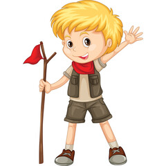 Smiling Blond Haired Boy Wearing A Scout Uniform And Holding A Flag On A Stick In The Outdoors © dirgantarapradanara