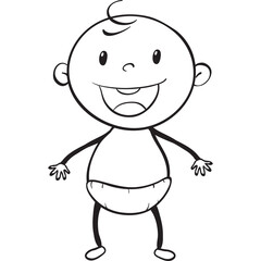 Smiling Baby in Diaper with Open Mouth and Wide Eyes Standing Against a Transparent Background Simple Line Drawing Style