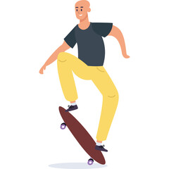 Obraz premium Smiling Bald Man Wearing A Dark Blue T Shirt And Yellow Pants Riding A Red Skateboard With Purple Wheels Doing A Trick With A Transparent Background