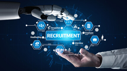 A creative depiction of a handshake between a human hand and a robotic hand, highlighting the integration of technology in the recruitment process, illustrating modern hiring techniques. Tessel