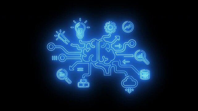 Complex digital innovation map with lightbulb, gears, cloud icons, and branching connected network nodes