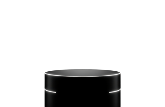 Minimalist black cylindrical pedestal or podium with subtle glowing white horizontal lines, perfect for product display or presentation, isolated on transparent background