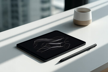 digital art creation, stylus on digital tablet creating abstract shapes on neat desk, combining futuristic minimalism with natural light