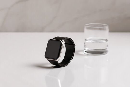 morning tech setup, smartwatch on simple desk with a glass of water, creating a serene tech-based morning setting with gentle reflections