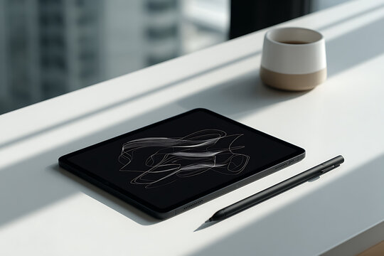 digital art creation, stylus on digital tablet creating abstract shapes on neat desk, combining futuristic minimalism with natural light - Powered by Adobe