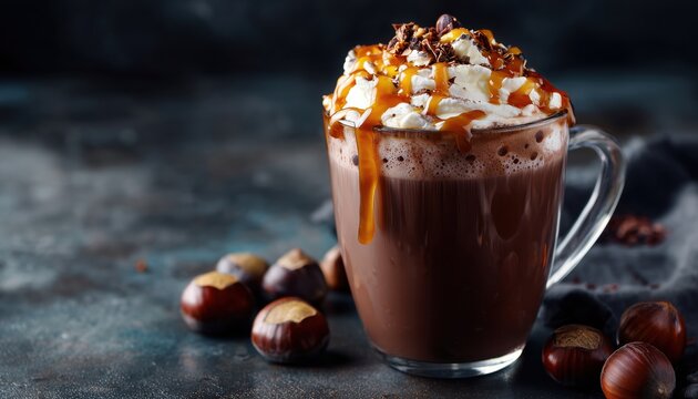 Dark Chestnut Hot Chocolate Or Choco Latte Served In A Glass Cup With Whipped Cream, Caramel Sauce, And Roasted Chestnuts On A Dark Table With Copy Space.