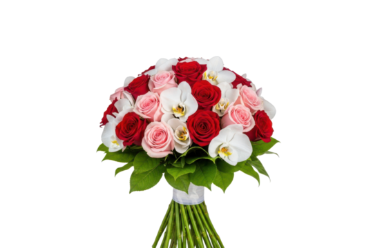Beautiful, vibrant bouquet of fresh red roses, soft pink roses, and elegant white orchid flowers, tightly arranged with green foliage and tied with a white ribbon, isolated on transparent background