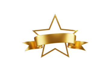 Golden star shape with a shiny ribbon banner across the center, perfect for award, achievement, or luxury branding, isolated on transparent background