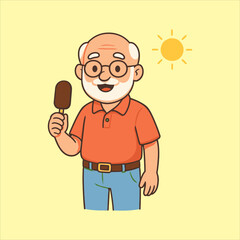 Cartoon Grandfather with Ice Cream Bar Enjoying Sunny Weather.