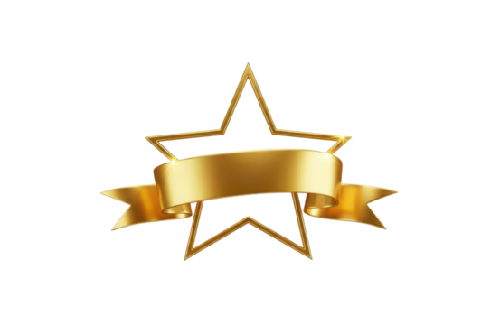 Golden star shape with a shiny ribbon banner across the center, perfect for award, achievement, or luxury branding, isolated on transparent background