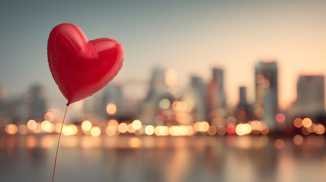 Red heart balloon cityscape valentine romance love cityscape skyline