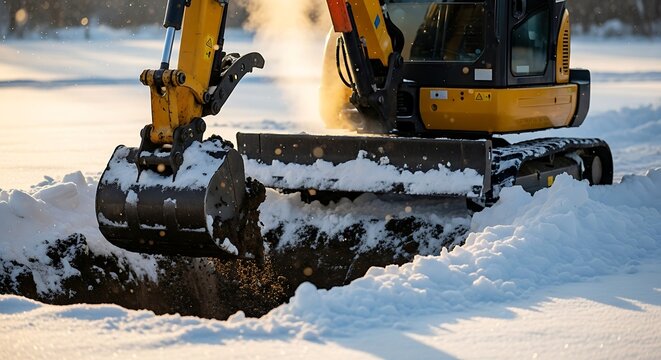 A yellow excavator diligently scoops earth in a snowy winter landscape