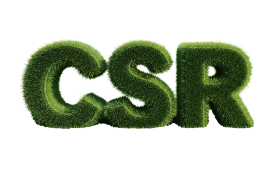 Three dimensional letters spelling out csr covered in green grass, symbolizing corporate social responsibility and environmental commitment, isolated on transparent background