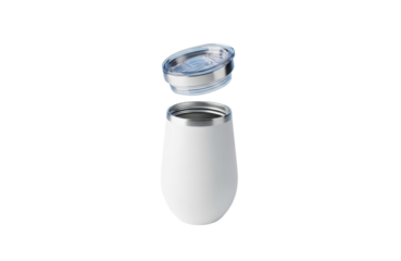 White insulated stemless wine tumbler with clear plastic lid floating above the stainless steel cup body, isolated on transparent background