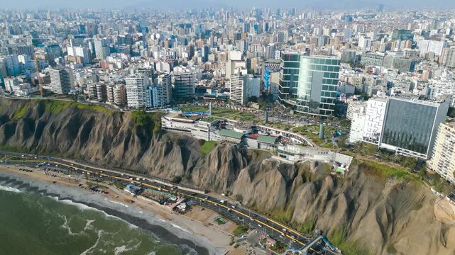 Aerial view of Larcomar shopping center in the tourist district of Miraflores, Peru.