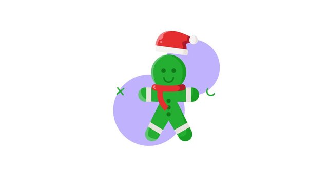 Festive Green Gingerbread Man Dancing Animation Loop.