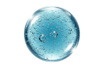 Closeup of a perfect sphere of clear blue cosmetic gel or serum filled with numerous tiny air bubbles, isolated on transparent background, representing hydration and freshness in skincare