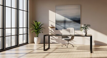 Modern home office setup with large window and minimalist decoration