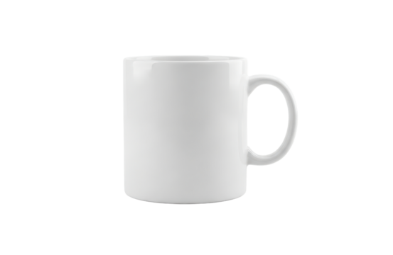 A plain white ceramic coffee mug with a handle, isolated on a transparent background, perfect for mockup or product photography showcasing a blank surface for customization or branding