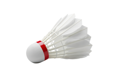 Closeup of a single white feather shuttlecock with a red band around the cork base, isolated on transparent background, ready for a game of badminton