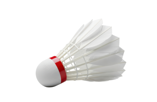 Closeup of a single white feather shuttlecock with a red band around the cork base, isolated on transparent background, ready for a game of badminton