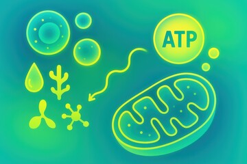 Exploring Cellular Dynamics and Energy Conversion with Illustrative Graphics Featuring ATP Mitochondrial Function and Molecular Structures in a Vibrant Scientific Context