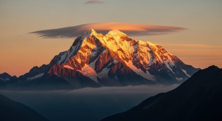 Majestic mountain peak bathed in golden light during dawn, with lenticular cloud