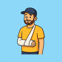 Cartoon Man with Arm in Cast Wearing Baseball Cap Smiling.