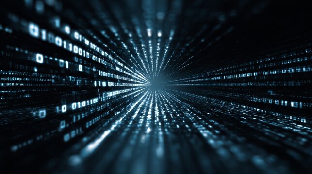 Glowing data tunnel, binary numbers and data streams, tech background