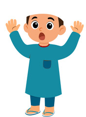 Muslim Boy hands up  flat illustration blue kufi