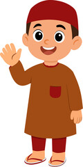 Muslim Boy waving hand flat illustration red kufi