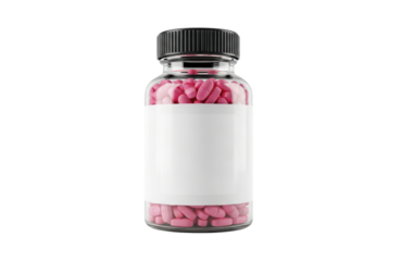 Clear glass medicine bottle filled with small pink ovalshaped pills or capsules, featuring a black ribbed screw cap and a blank white label space for branding, isolated on transparent background