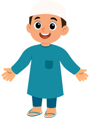 Muslim Boy welcome pose  flat illustration blue kufi