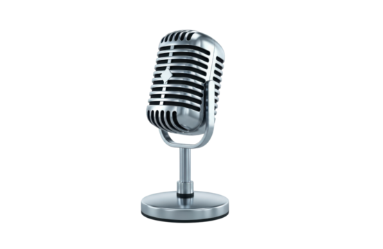 Classic silver vintage microphone on a small desktop stand, isolated on transparent background, perfect for broadcasting, podcasting, or music recording concepts
