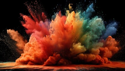 Abstract Explosion Of Vibrant Colored Powder On Black Background With Edgy Abstract Design.  Enhancing Creativity And Excitement In Art.