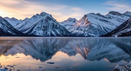 Serene reflection of snow-capped mountains on a tranquil lake during a winter sunrise