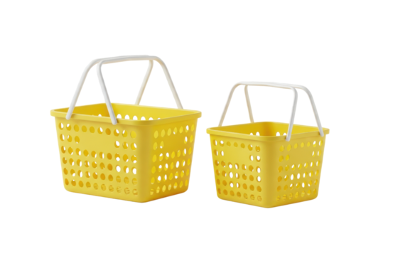 Two bright yellow plastic shopping baskets with white handles, one larger and one smaller, displayed side by side isolated on transparent background