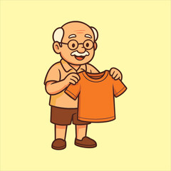 Cheerful Cartoon Grandfather Holding Up a Bright Orange TShirt.