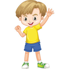 Smiling Blond Haired Boy Wearing Yellow T Shirt Blue Shorts and Green Shoes Waving Hello with One Hand and Clenching Fist With Other Isolated On White Background