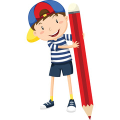 Smiling Boy Wearing Blue and Red Baseball Cap Holding Large Red Pencil Ready to Draw With Blue and White Striped Shirt and Dark Blue Shorts on a Transparent Background