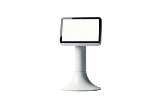Modern white point of sale tablet display on a pedestal stand with blank screen, isolated on transparent background for retail or commercial use mockup