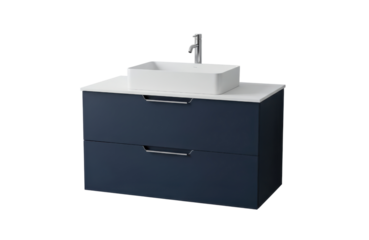 Modern navy blue bathroom vanity cabinet with two drawers, white countertop, and a square vessel sink with a chrome faucet, isolated on transparent background